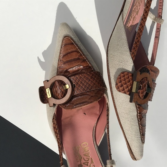 Ferragamo Snakeskin & Canvas Mules / Slingbacks - Picture 5 of 9